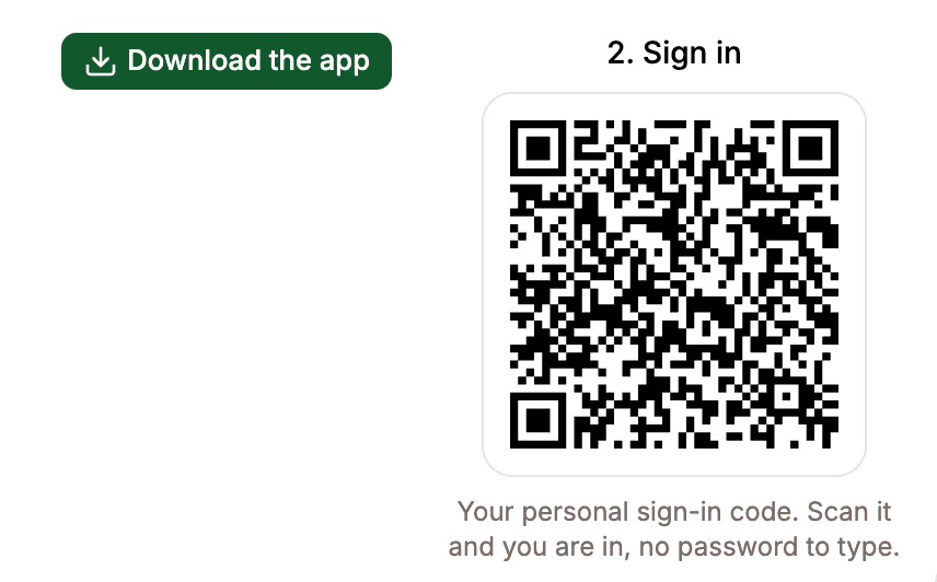 The mobile app panel on a Petro site: a Download the app button and a personal sign-in code to scan