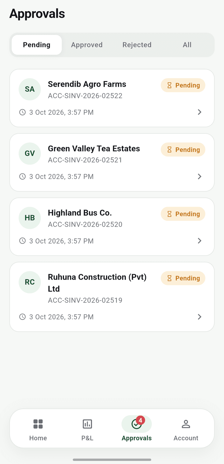 The Petro Owner approvals screen for a demo station: four credit requests waiting, each with its customer and invoice