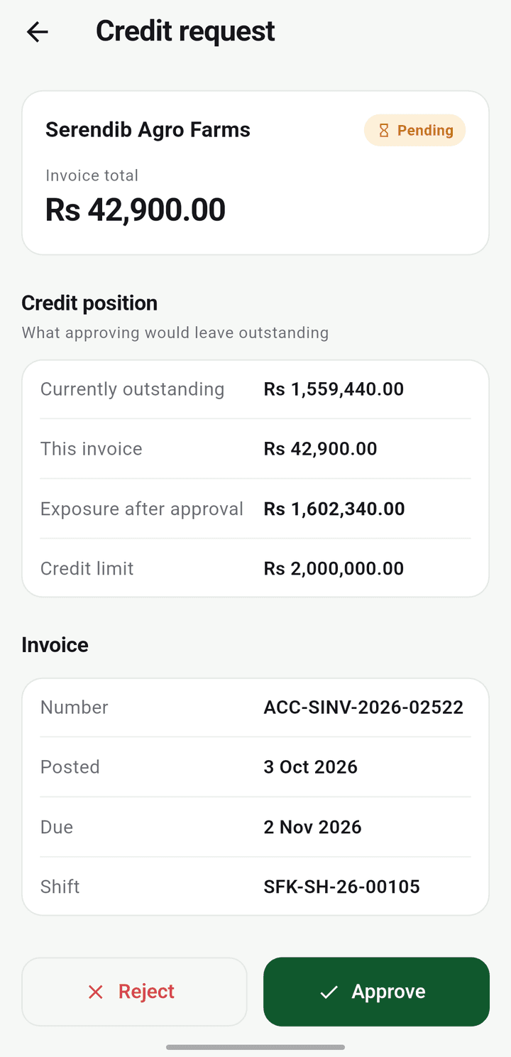 A credit request in Petro Owner for a demo customer: the invoice total, the customer's credit position and limit, with Approve and Reject